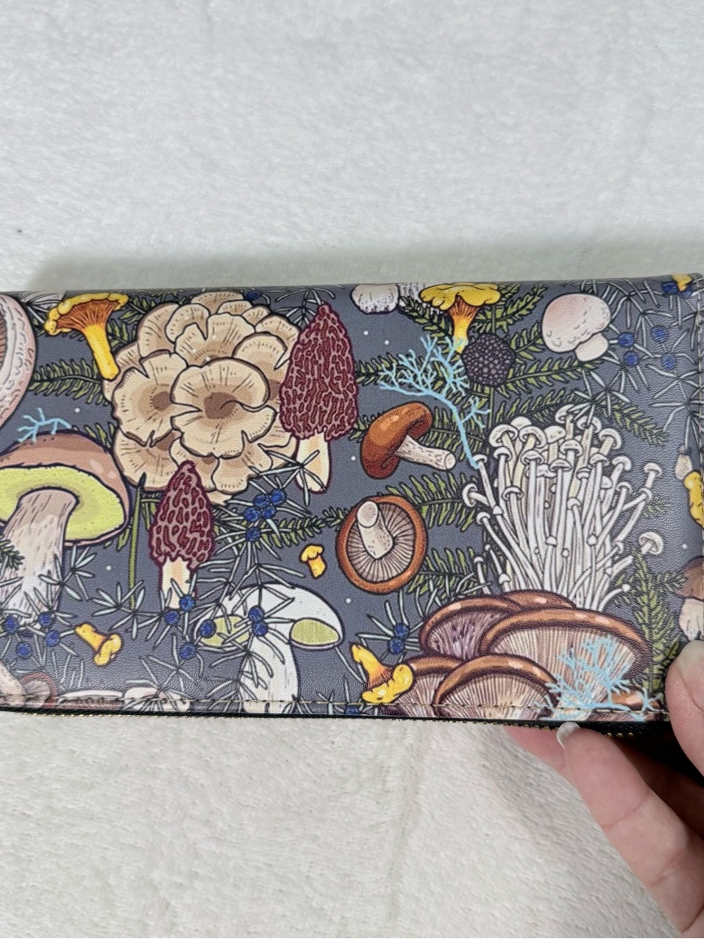Gray Mushroom & Botanical Print Wallet - Excellent Condition